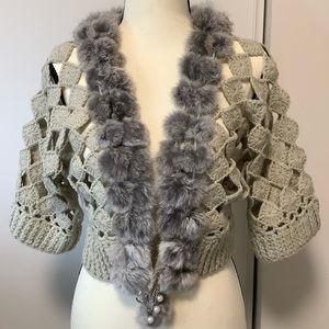 MARC JACOBS Gray Wool Blend Crocheted Fur Collar Bolero - Size 6